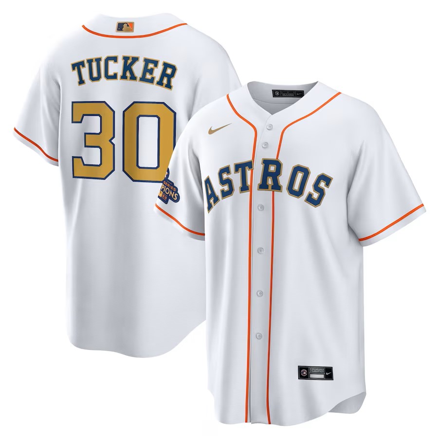 Men's Houston Astros Kyle Tucker Nike White/Gold 2023 Gold Collection Replica Player Jersey