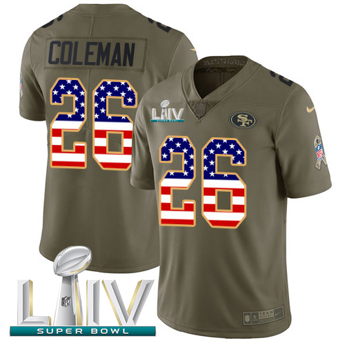 Nike 49ers #26 Tevin Coleman Olive/USA Flag Super Bowl LIV 2020 Youth Stitched NFL Limited 2017 Salute To Service Jersey