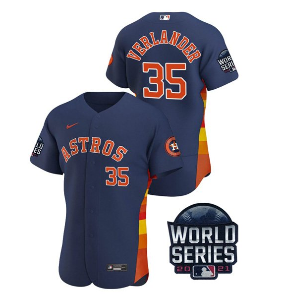 Mens Navy Houston Astros #35 Justin Verlander 2021 World Series Flex Base Stitched Baseball Jersey