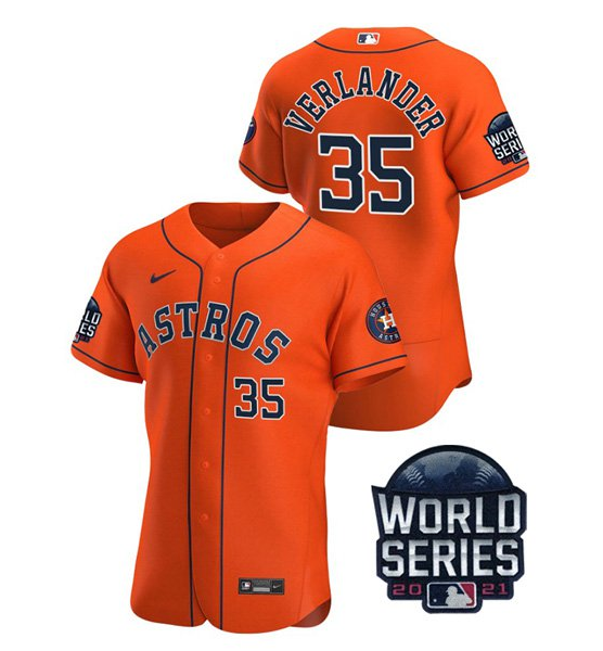 Mens Orange Houston Astros #35 Justin Verlander 2021 World Series Flex Base Stitched Baseball Jersey
