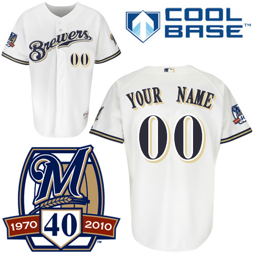 Brewers Personalized Authentic White Cool Base w/40th Anniversary Patch MLB Jersey (S-3XL)