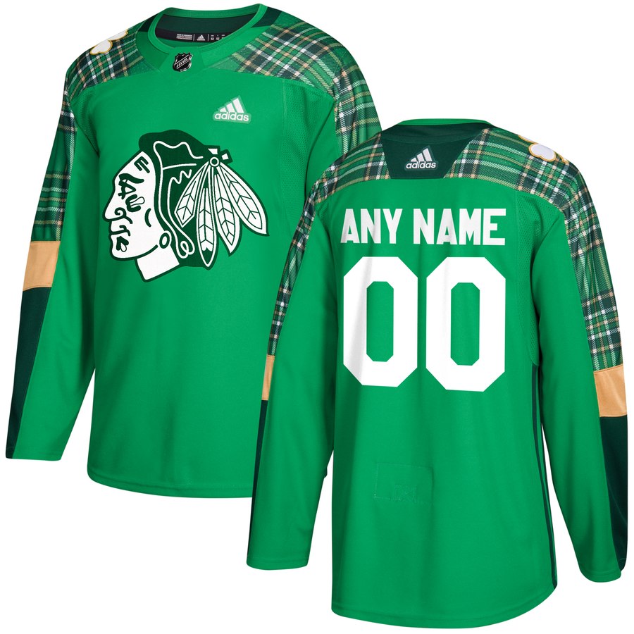 Men's Adidas Chicago Blackhawks Personalized Green St. Patrick's Day Custom Practice NHL Jersey