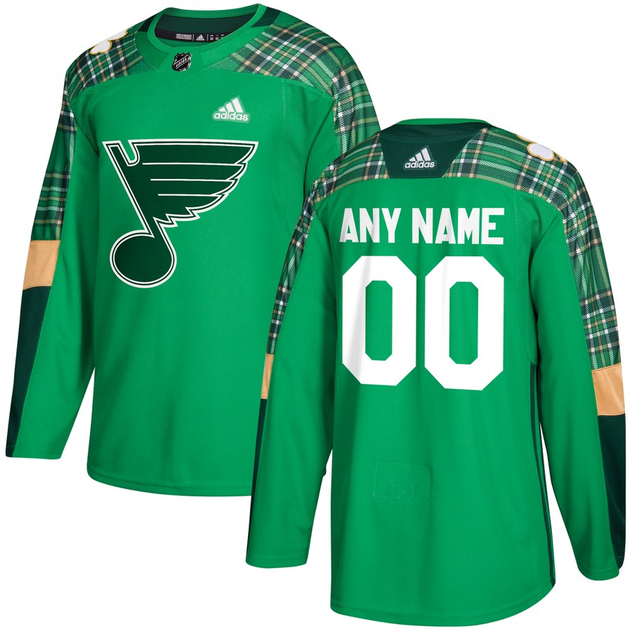 Men's Adidas St. Louis Blues Personalized Green St. Patrick's Day Custom Practice NHL Jersey