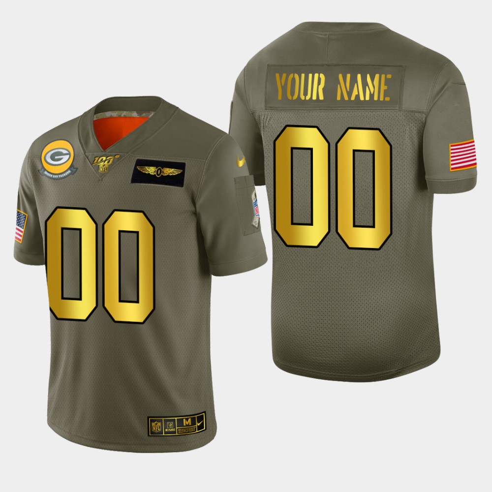 Nike Packers Custom Men's Olive Gold 2019 Salute to Service NFL 100 Limited Jersey