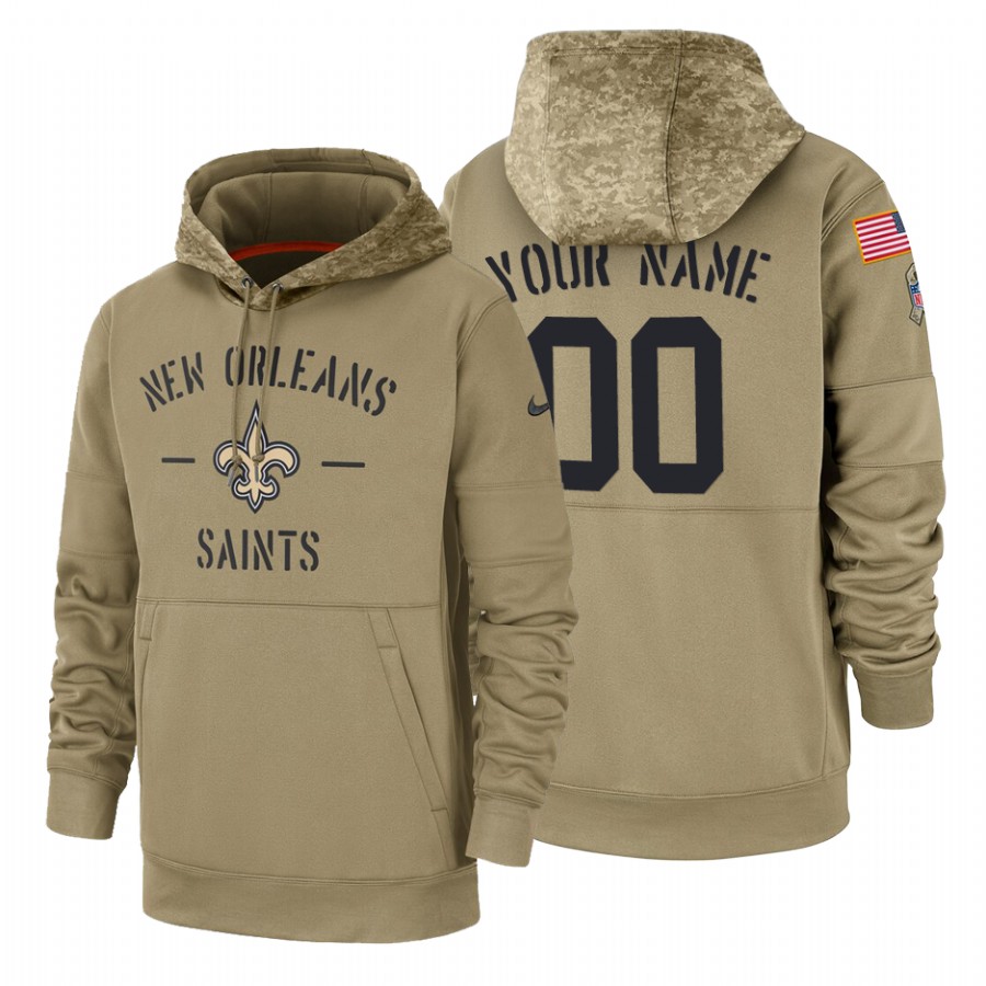 New Orleans Saints Custom Nike Tan 2019 Salute To Service Name & Number Sideline Therma Pullover Hoodie