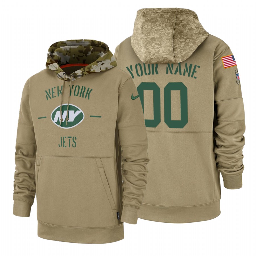 New York Jets Custom Nike Tan 2019 Salute To Service Name & Number Sideline Therma Pullover Hoodie
