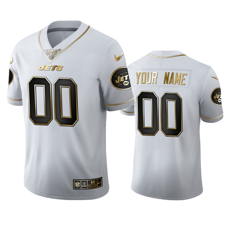 New York Jets Custom Men's Nike White Golden Edition Vapor Limited NFL 100 Jersey