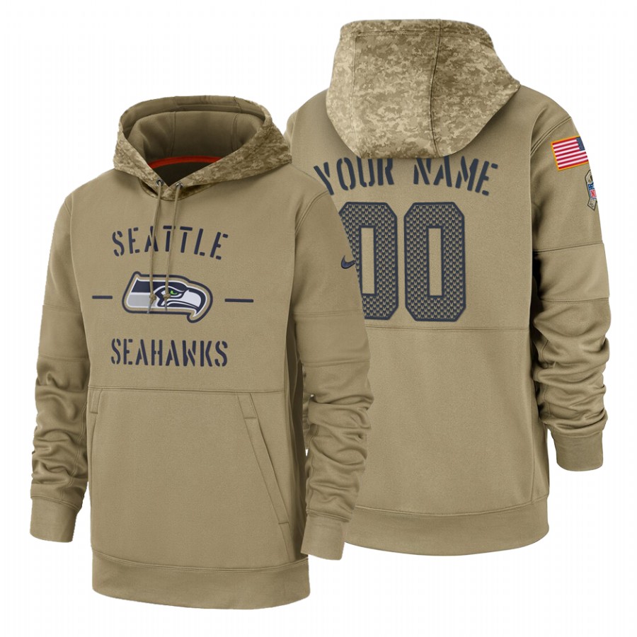 Seattle Seahawks Custom Nike Tan 2019 Salute To Service Name & Number Sideline Therma Pullover Hoodie