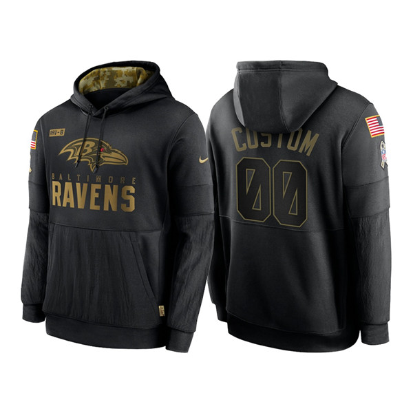 Men's Baltimore Ravens 2020 Customize Black Salute to Service Sideline Therma Pullover Hoodie