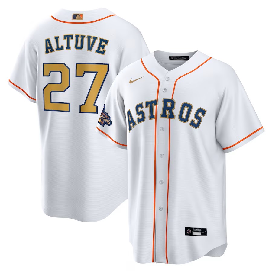 Men's Houston Astros Jose Altuve Nike White/Gold 2023 Gold Collection Replica Player Jersey