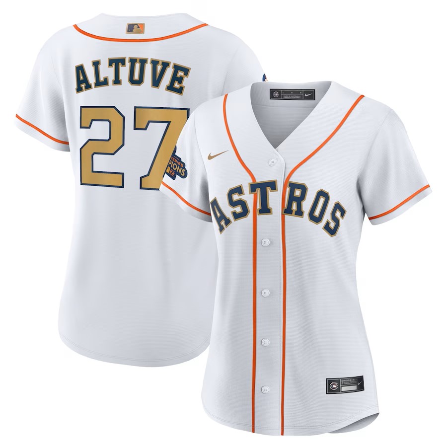 Women's Houston Astros Jose Altuve Nike White/Gold 2023 Gold Collection Replica Player Jersey