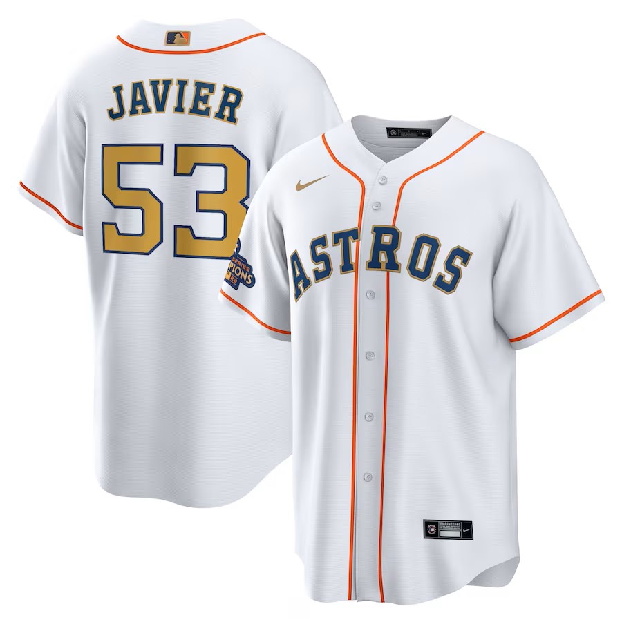 Men's Houston Astros Cristian Javier Nike White/Gold 2023 Gold Collection Replica Player Jersey