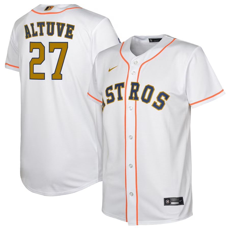 Youth Houston Astros Jose Altuve Nike White/Gold 2023 Gold Collection Replica Player Jersey