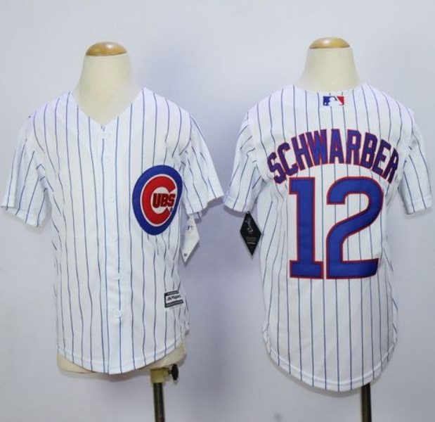 MLB Cubs 12 Kyle Schwarber White(Blue Strip) Cool Base Youth Jersey