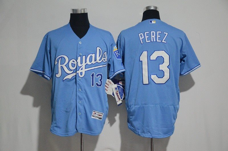 MLB Royals 13 Salvador Perez Light Blue Flexbase Men Jersey