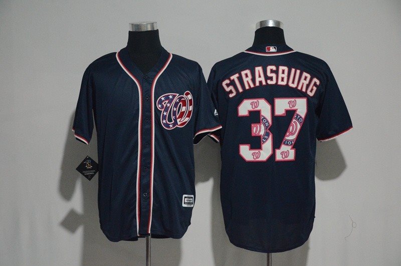 MLB Nationals 37 Stephen Strasburg Navy Team Logo Print Cool Base Men Jersey