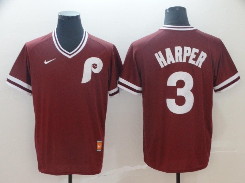MLB Phillies 3 Bryce Harper Red Nike Cooperstown Collection Legend V-Neck Men Jersey