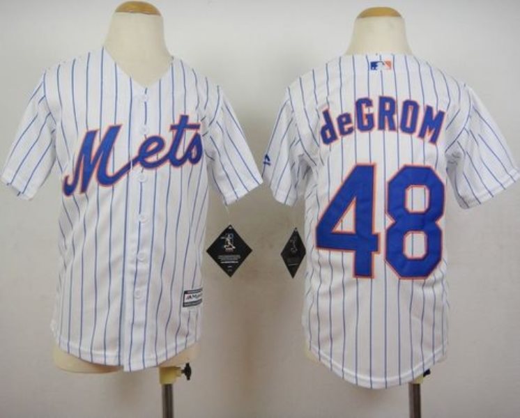 MLB Mets 48 Jacob DeGrom White(Blue Strip) Home Cool Base Youth Jersey