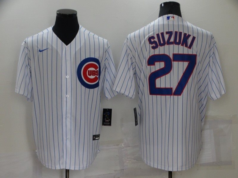 MLB Cubs 27 Seiya Suzuki White Nike Cool Base Men Jersey