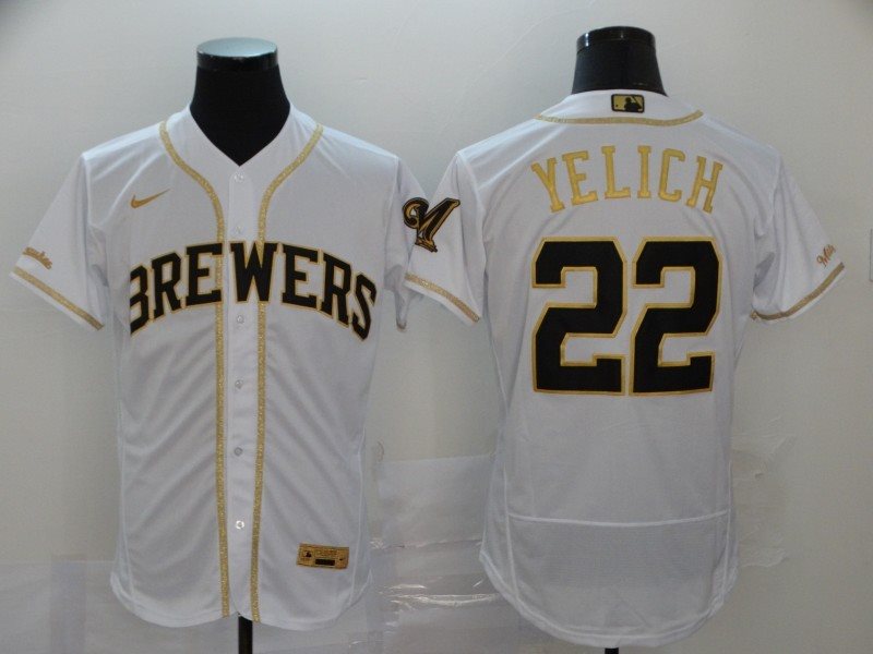 MLB Brewers 22 Christian Yelich White Gold 2020 Nike Flexbase Men Jersey