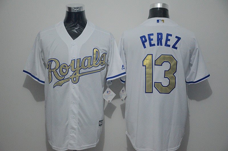 MLB Royals 13 Salvador Perez White 2015 World Series Champions Gold Youth Jersey