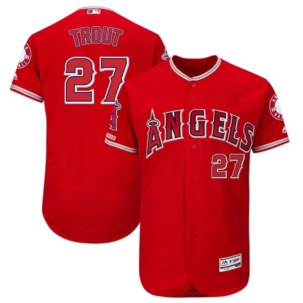 MLB Angels 27 Mike Trout Scarlet 150th Patch Flexbase Men Jersey