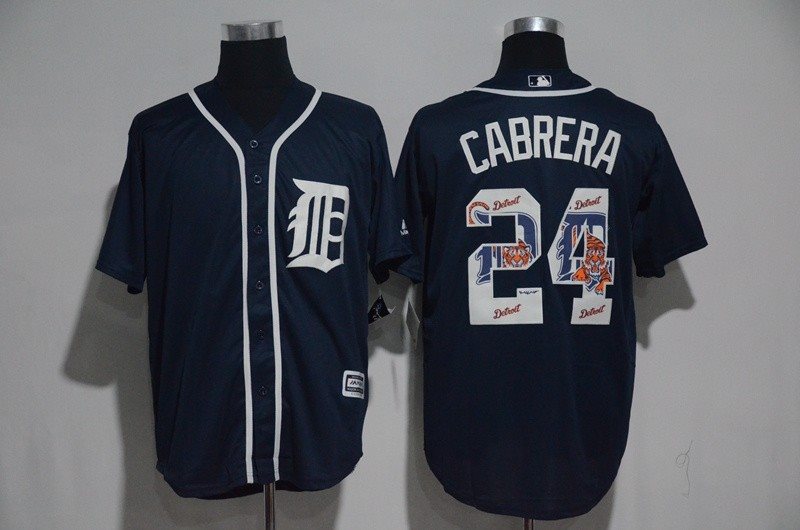 MLB Tigers 24 Miguel Cabrera Navy Team Logo Print Cool Base Men Jersey