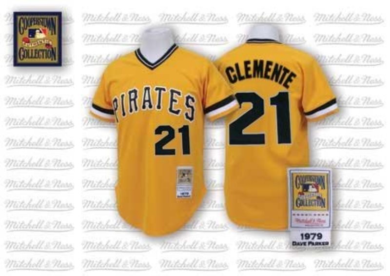MLB Pirates 21 Roberto Clemente Yellow Mitchell and Ness Throwback Men Jersey