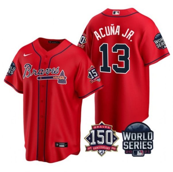 MLB Braves 13 Ronald Acuna Jr. Red 2021 World Series With 150th Anniversary Patch Cool Base Men Jersey