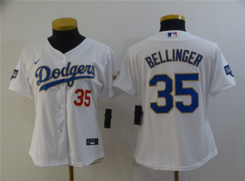 MLB Dodgers 35 Cody Bellinger White Gold Championship Cool Base Women Jersey(Run Small)