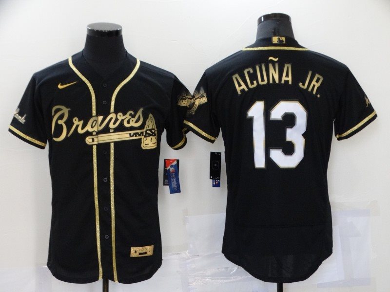 MLB Braves 13 Ronald Acuna Jr. Black Gold Flexbase Men Jersey