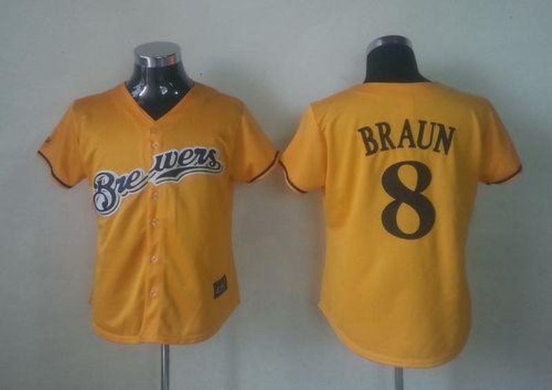 MLB Brewers 8 Ryan Braun Yellow Alternate Cool Base Women Jersey