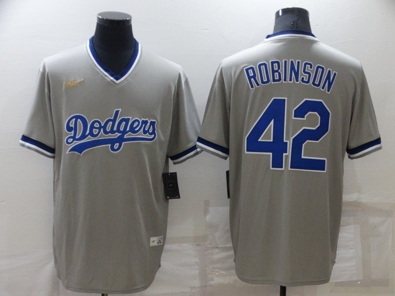 MLB Dodgers 42 Jackie Robinson Grey Throwback Men Jersey