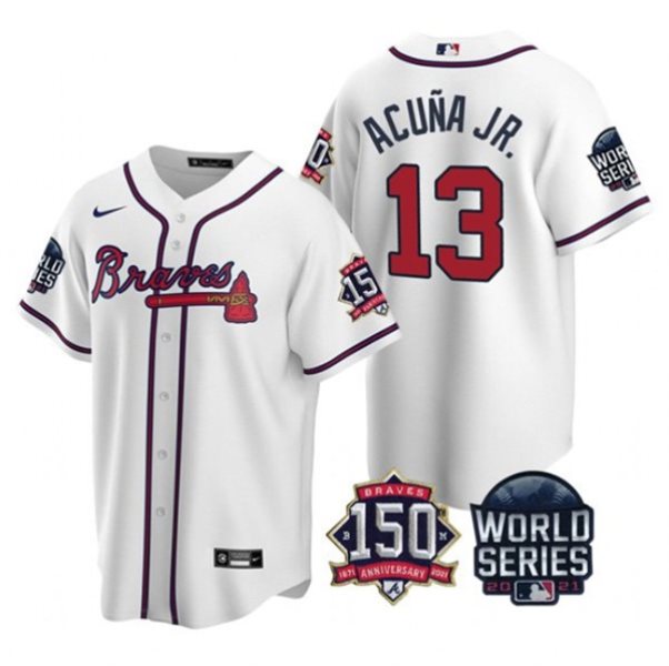 MLB Braves 13 Ronald Acuna Jr. White 2021 World Series With 150th Anniversary Patch Cool Base Men Jersey