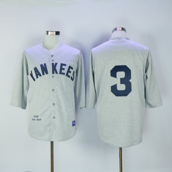 MLB Yankees 3 Babe Ruth Grey 1929 Throwback Long Sleeves Men Jersey