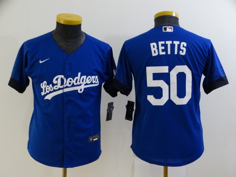 MLB Dodgers 50 Mookie Betts Royal 2021 City Connect Cool Base Youth Jersey