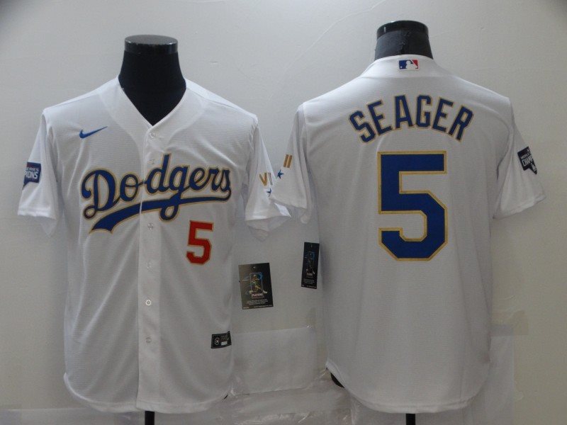 MLB LA Dodgers 5 Corey Seager White Gold Champion Cool Base Men Jersey