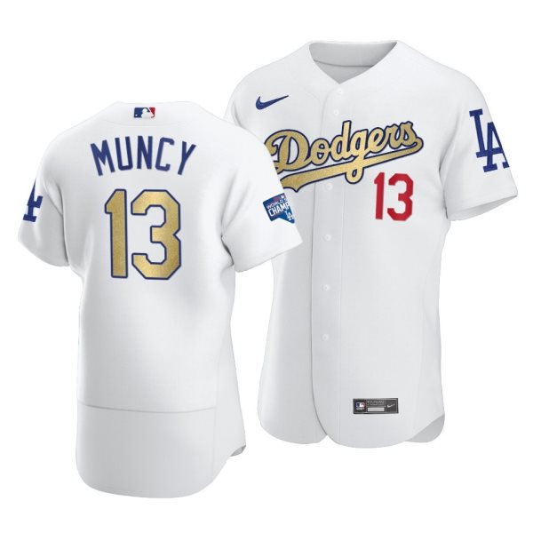 MLB Dodgers 13 Max Muncy White Gold 2020 World Series Champions Flexbase Men Jersey