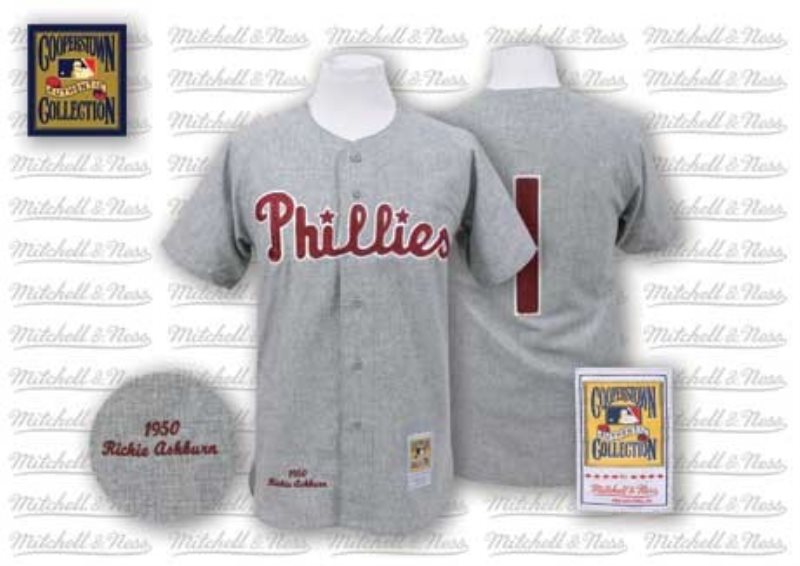 MLB Phillies 1 Richie Ashburn Grey 1950 Mitchell and Ness Men Jersey