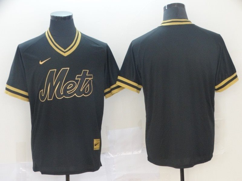 MLB Mets Blank Black Gold Nike Cooperstown Legend V Neck Men Jersey