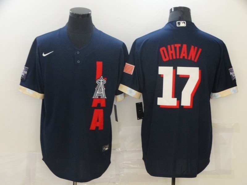 MLB Angels 17 Shohei Ohtani Navy 2021 All-Star Cool Base Men Jersey