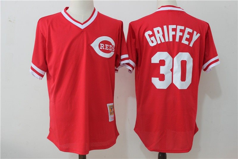 MLB Reds 30 Ken Griffey Red Mitchell and Ness Throwback Men Jersey