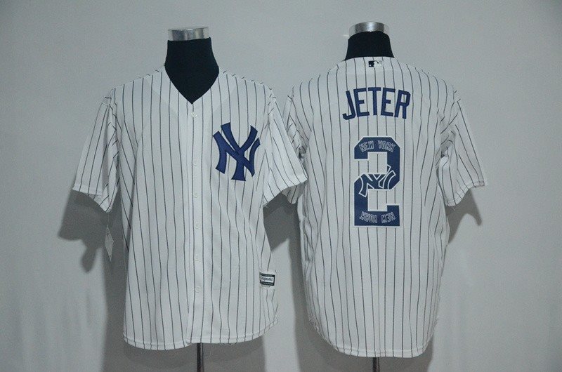 MLB Yankees 2 Derek Jeter White Team Logo Print Cool Base Men Jersey