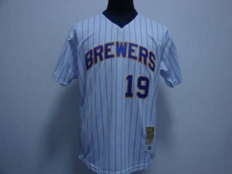 MLB Brewers 19 Robin Yount White Blue Strip Mitchell and Ness Throwback Men Jersey