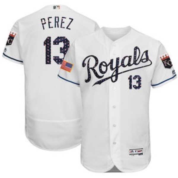 MLB Royals 13 Salvador Perez White 2018 Stars & Stripes Flex Base Men Jersey