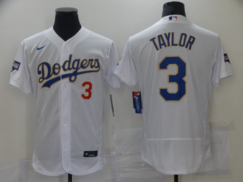 MLB Dodgers 3 Chris Taylor White Gold 2020 World Series Champion Nike Flexbase Men Jersey