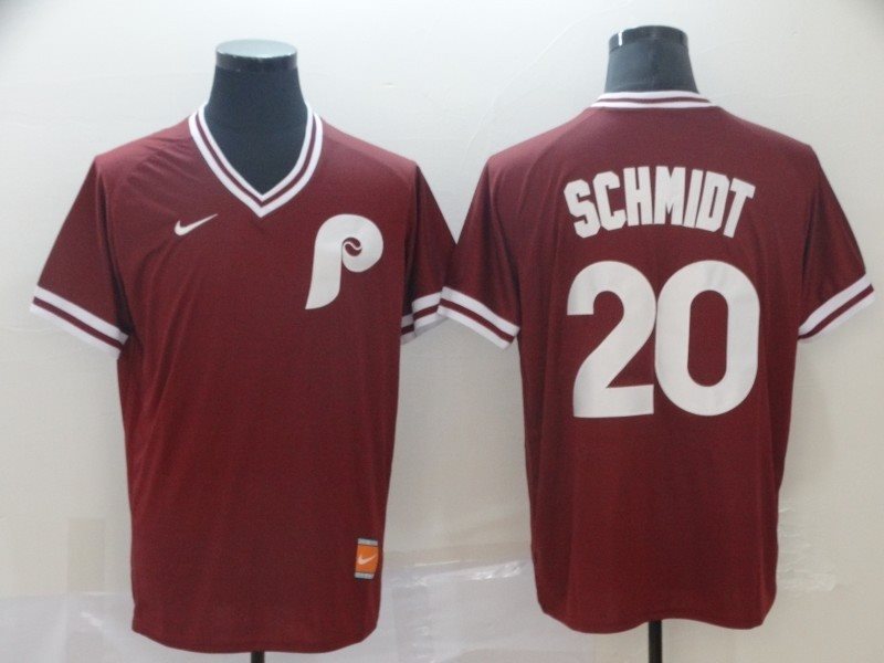 MLB Phillies 20 Mike Schmidt Red Nike Cooperstown Collection Legend V-Neck Men Jersey