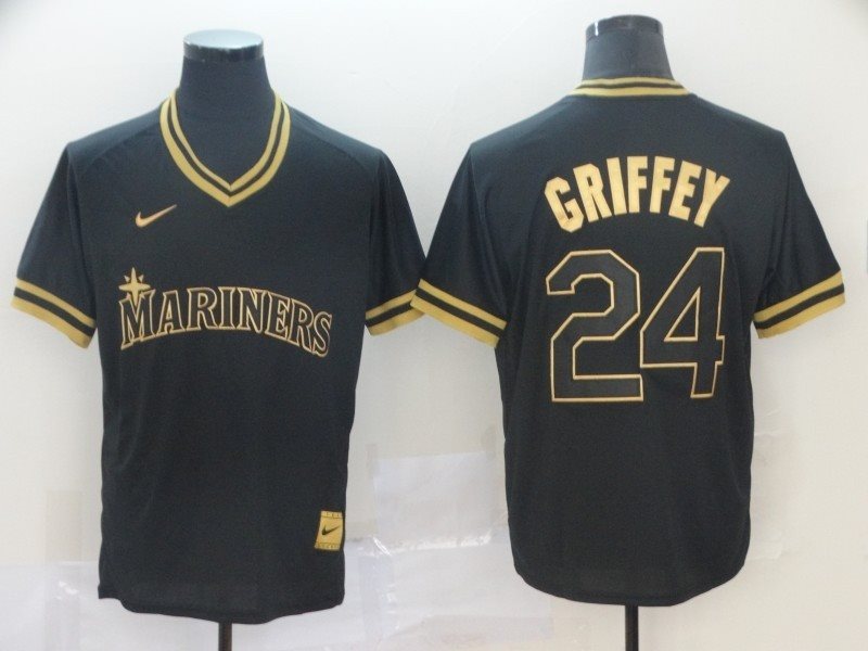 MLB Mariners 24 Ken Griffey Jr Black Gold Nike Cooperstown Legend V Neck Men Jersey
