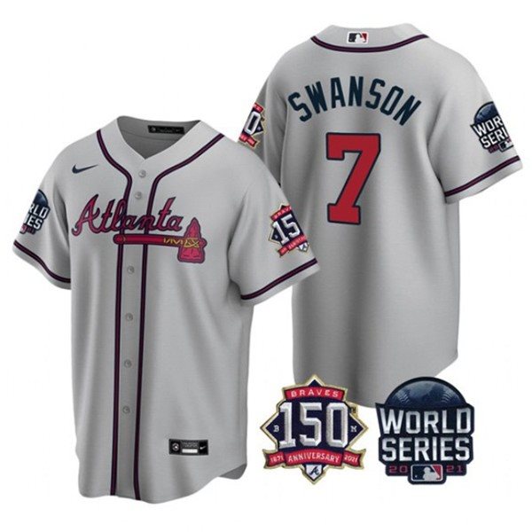 MLB Braves 7 Dansby Swanson Grey 2021 World Series With 150th Anniversary Patch Cool Base Men Jersey