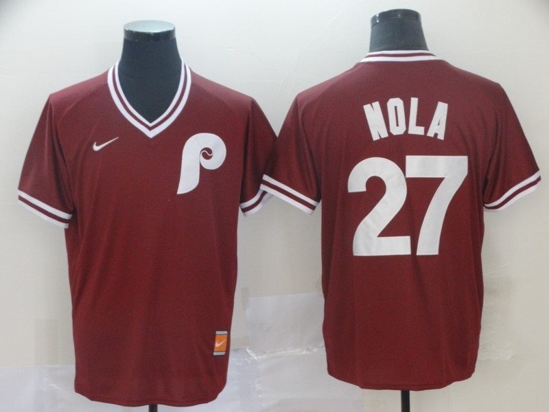 MLB Phillies 27 Aaron Nola Red Nike Cooperstown Collection Legend V-Neck Men Jersey